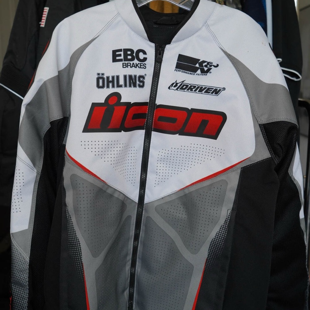 ICON Red and Gray Padded Motorcycle Jacket with Aerodynamic Design